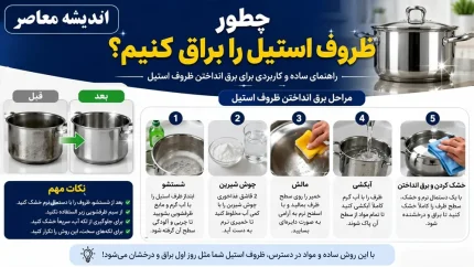 چطور ظروف استیل را براق کنیم؟ | ۱۰ ترفند طلایی برق انداختن استیل | بهترین روش خانگی برای درخشندگی ظروف