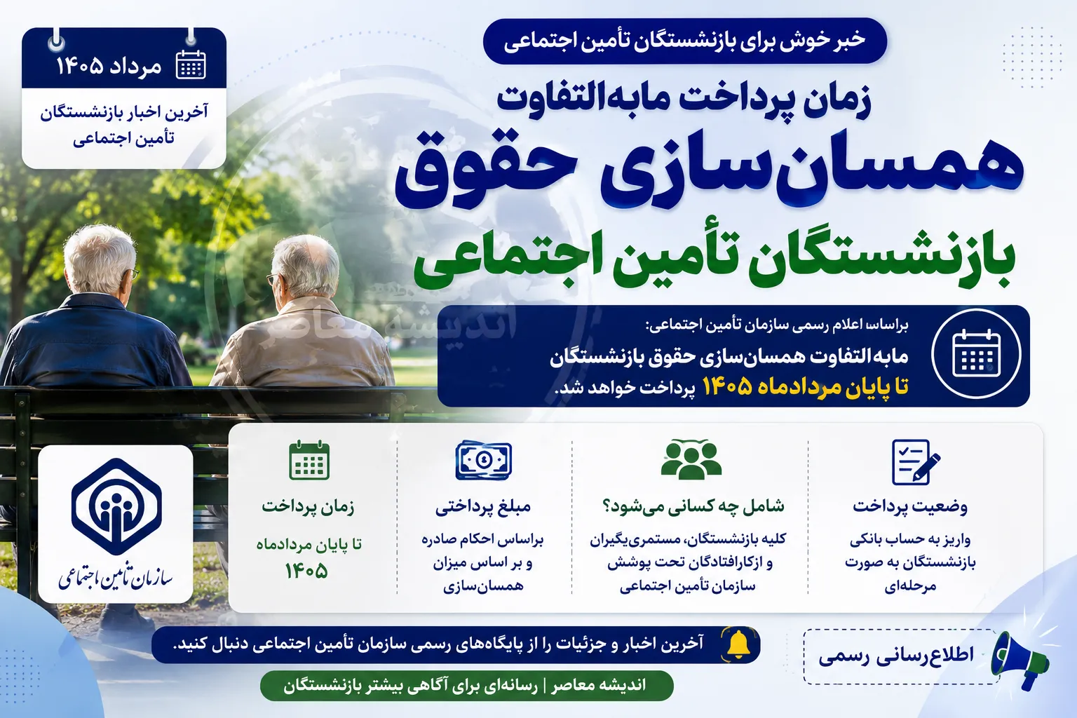 زمان پرداخت مابه التفاوت همسان سازی حقوق بازنشستگان تامین اجتماعی | زمان واریز مابه التفاوت همسان سازی حقوق بازنشستگان تامین اجتماعی در مرداد 1405 | آخرین خبر از معوقات همسان سازی بازنشستگان تامین اجتماعی