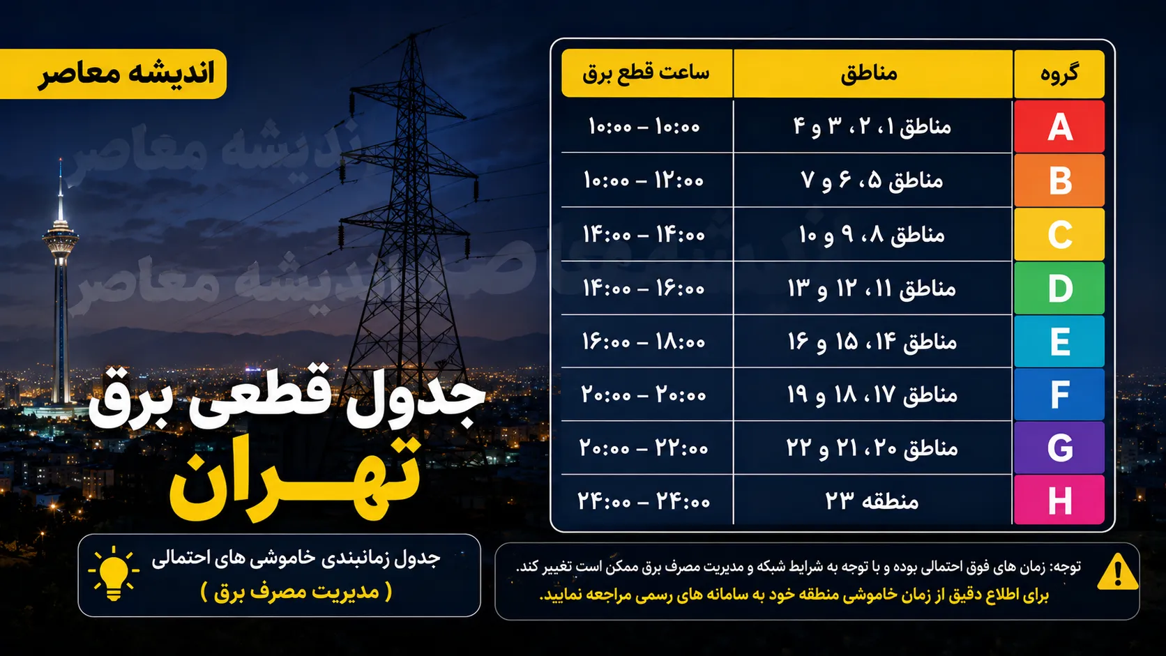 جدول قطعی برق تهران امروز چهارشنبه 7 مرداد 1405 | ساعت خاموشی مناطق تهران | استعلام برنامه قطعی برق تهران