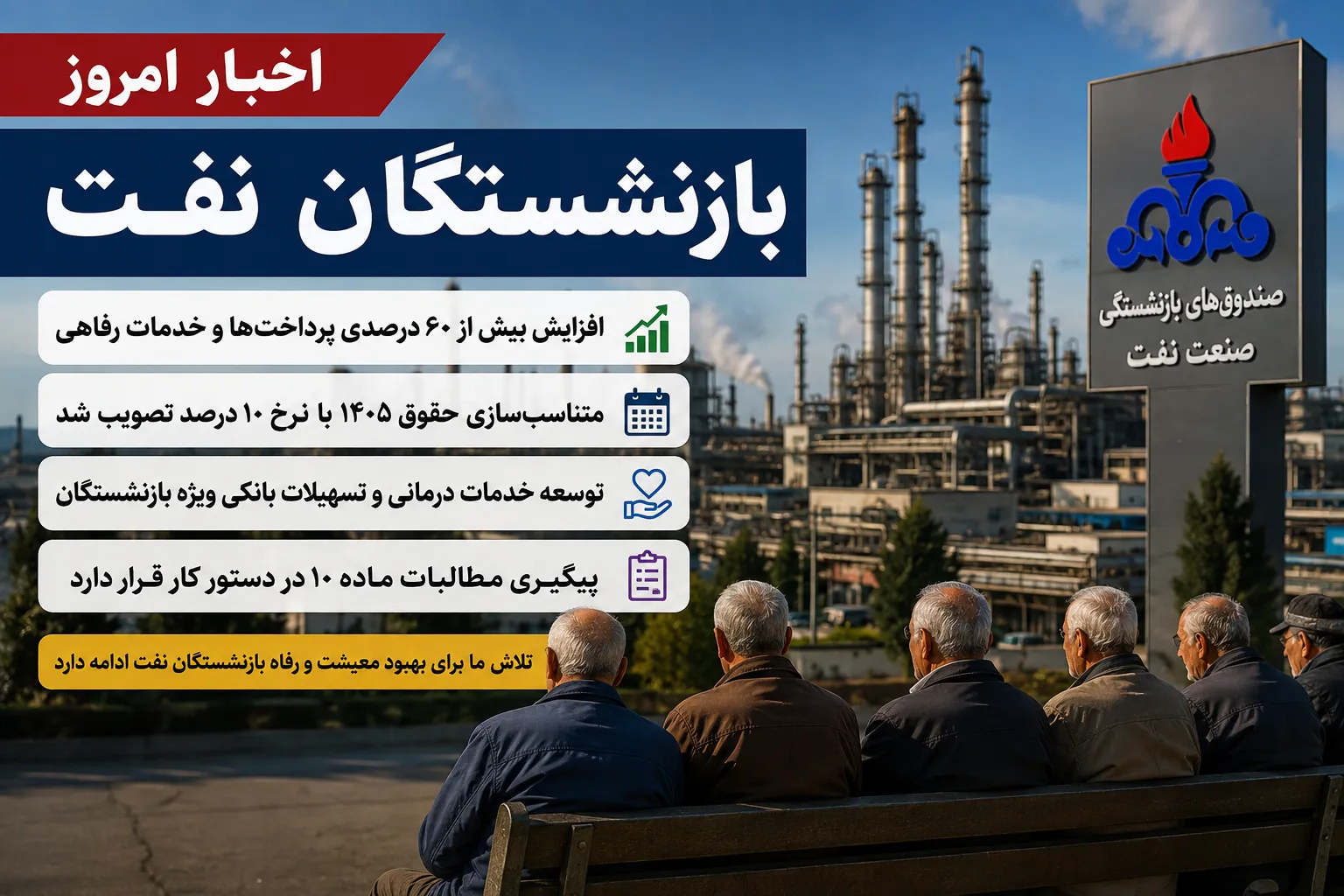 اخبار امروز بازنشستگان نفت | آخرین خبر از حقوق، متناسب سازی و خدمات درمانی بازنشستگان صنعت نفت | خبرهای جدید بازنشستگان نفت امروز