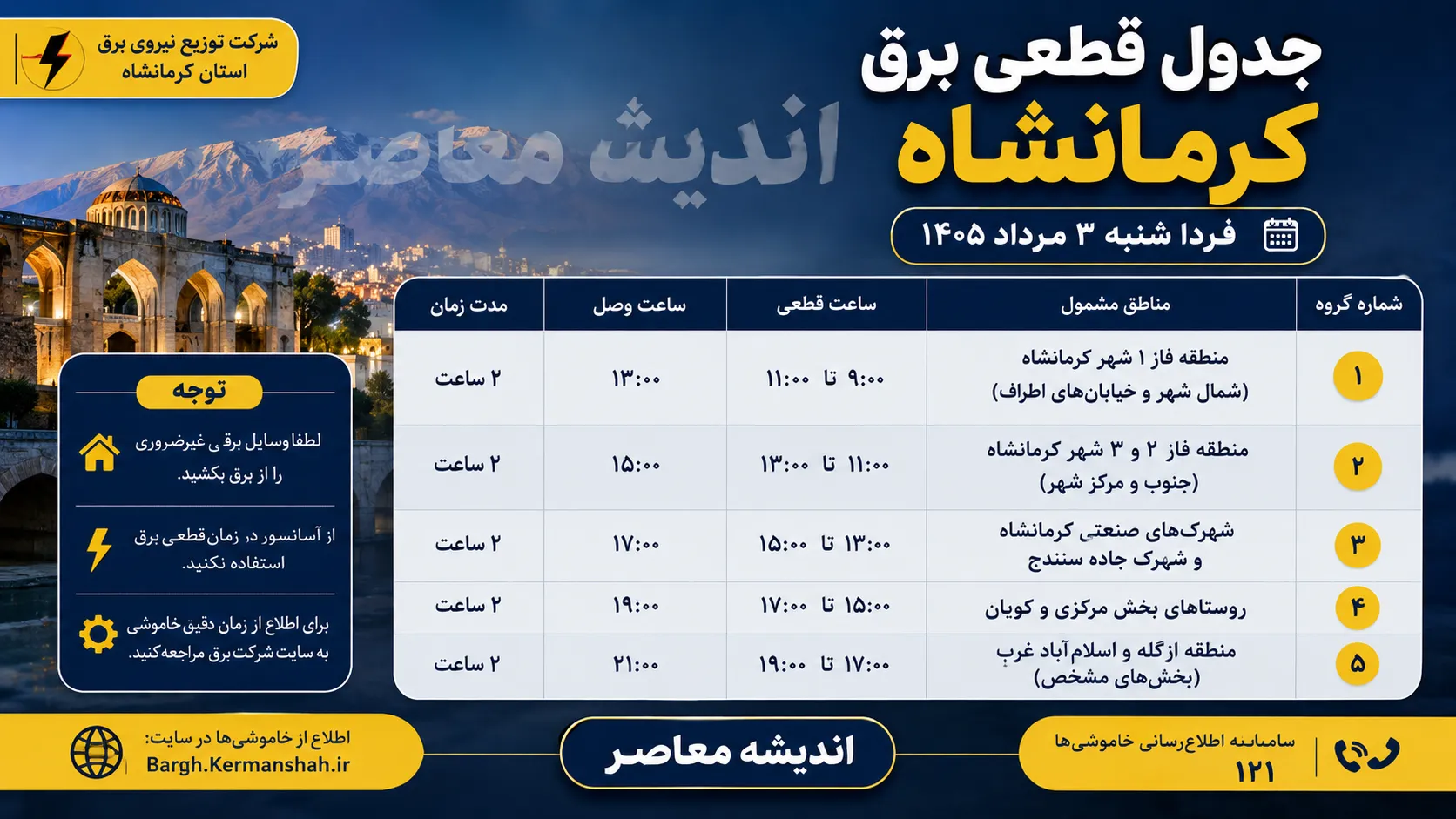 قطعی برق کرمانشاه شنبه ۳۱ مرداد / خاموشی‌های فردا مشخص شد / جدول زمان‌بندی قطع برق مناطق مختلف کرمانشاه