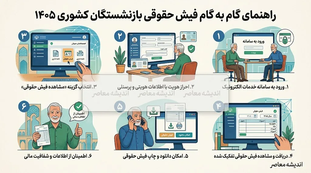 راهنمای گام به گام فیش حقوقی بازنشستگان کشوری ۱۴۰۵ | ورود به سامانه، دریافت فیش با کد ملی و مشاهده جزئیات حقوق