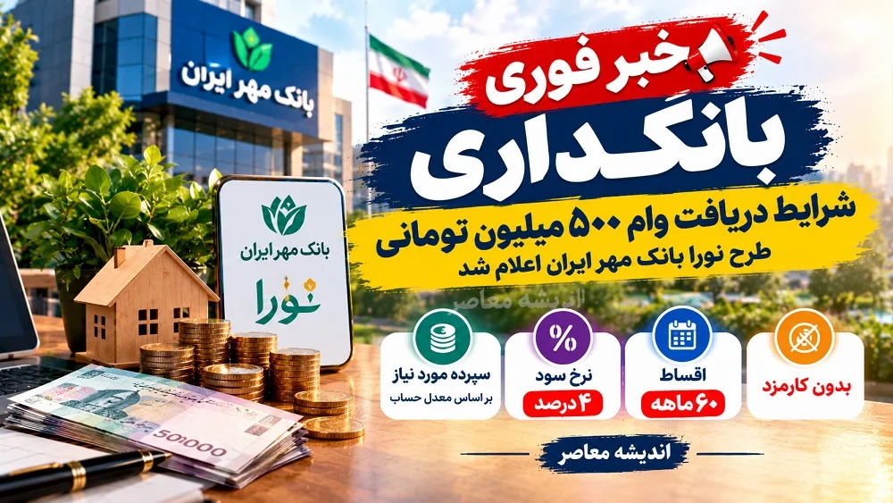 خبر فوری بانکداری | شرایط دریافت وام ۵۰۰ میلیون تومانی طرح نورا بانک مهر ایران اعلام شد / بدون کارمزد و با اقساط ۶۰ ماهه / نرخ سود ۴ درصد و سپرده مورد نیاز بر اساس معدل حساب