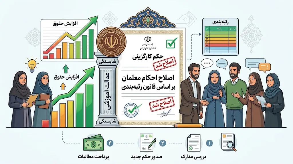 اصلاح احکام معلمان ۱۴۰۵ | آخرین خبر از احکام جدید فرهنگیان و افزایش حقوق / اصلاح احکام معلمان در شهریور ۱۴۰۵؛ چه کسانی مشمول افزایش حقوق می شوند؟ / احکام جدید معلمان ۱۴۰۵ | جزئیات اصلاح حقوق فرهنگیان و رتبه بندی / آخرین خبر از اصلاح احکام فرهنگیان و تغییرات حقوق معلمان