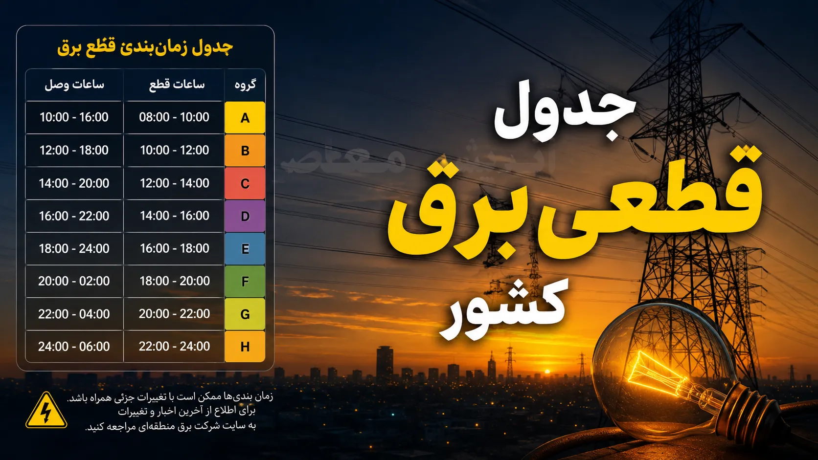 جدول قطعی برق استان‌ها فردا چهارشنبه ۸ مهر ۱۴۰۵؛ برنامه خاموشی مناطق اعلام شد